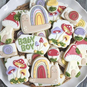 May include: A collection of decorated sugar cookies featuring a woodland theme. The cookies are decorated with various designs, including mushrooms, snails, rainbows, and the words "Baby Boy".