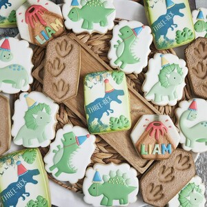 May include: A collection of decorated sugar cookies featuring dinosaurs, volcanoes, and footprints. The cookies are decorated with green, blue, red, and brown icing. The cookies are arranged on a woven wicker surface. The cookies say "Liam" and "Three-Rex".
