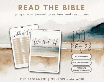 May include: A digital journal cover with a watercolor background of brown and blue. The title is "Words of Life: A Bible Reading and Prayer Journal". The text "150+ pages" is in a large font. The journal is described as "Hyperlinked, Table of Contents, Personal Reflection Pages, Old Testament | Genesis - Malachi, Good Notes | Notability | PDF".