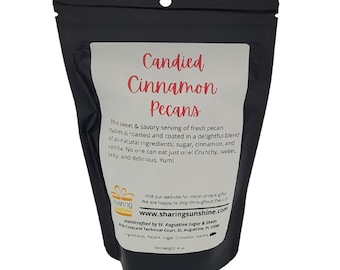 CANDIED CINNAMON PECANS | Gift Box | Nuts | 4 Ounces | Cinnamon | Vanilla | Pecans | Snack |  Heat Sealed | Gift | Edible | Sharing Sunshine