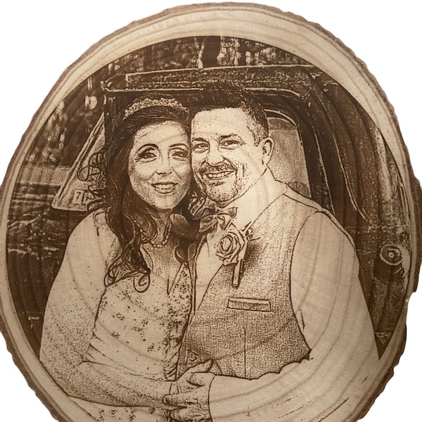 engraved 9.5” wood slice Custom engraving. Your photo engraved on a wood slice, can be personalized on back.