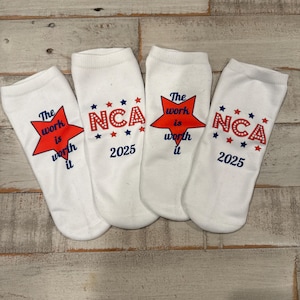 NCA cheer socks, can also customize with team logo, saying, big little, Summit Bound, Summit 2025, UCA, worlds, the one, quest