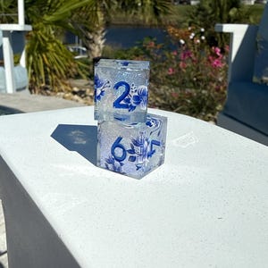 May include: Two clear resin dice with blue floral designs and white numbers. One die shows the number 2, and the other shows the number 6 and 5. The dice are stacked on top of each other.