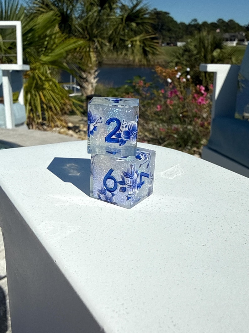 May include: Two clear resin dice with blue floral designs and white numbers. One die shows the number 2, and the other shows the number 6 and 5. The dice are stacked on top of each other.