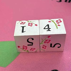 May include: Two white wooden dice with black numbers and pink floral accents. One die shows the numbers 1 and 5, the other shows 4 and 5. The dice are on a pink surface.