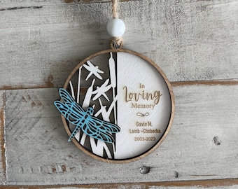 Personalized Dragonfly Memorial Ornament. Can personalize sentiment, add photo or signature to back.