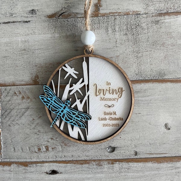 Personalized Dragonfly Memorial Ornament. Can personalize sentiment, add photo or signature to back.