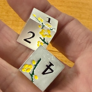 May include: Two silver dice with black numbers and yellow floral designs. One die shows the numbers 1 and 2, while the other shows the number 4. The dice are held in a hand.