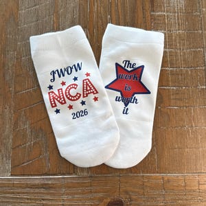 NCA cheer socks, can also customize with team logo, saying, big little, Summit Bound, Summit 2026, UCA, worlds, the one, quest