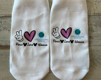 Peace Love Worlds cheer socks, can also customize with other comps, Summit Bound, Summit 2023, UCA, worlds, the one, quest