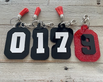 Varsity Number bag tag, custom, your team colors, soccer, softball, basketball, hockey, field hockey