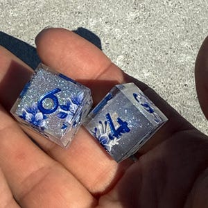 May include: Two clear dice with blue floral designs and silver glitter. The dice have blue numbers, one showing a 6 and the other a 4. The dice are held in a hand.