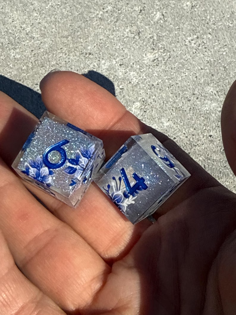 May include: Two clear dice with blue floral designs and silver glitter. The dice have blue numbers, one showing a 6 and the other a 4. The dice are held in a hand.