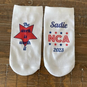 NCA cheer socks, can also customize with team logo, saying, big little, Summit Bound, Summit 2023, UCA, worlds, the one, quest