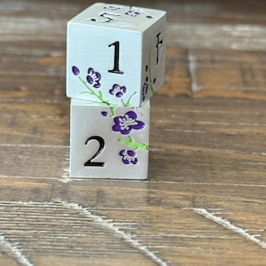 Mahjong pair of Flower Dice in organza bag. silver and purple