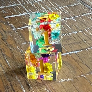 May include: Two clear resin cubes, each containing colorful dried flowers and a gold numeral "1". The flowers include white daisies, yellow, red, and purple blooms. The cubes are stacked on a wooden surface.