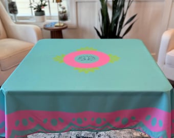 mahjong or rummikub tablecloth. Aqua and pink square tablecloth, perfect for card tables…coordinates with our mahjong mats!