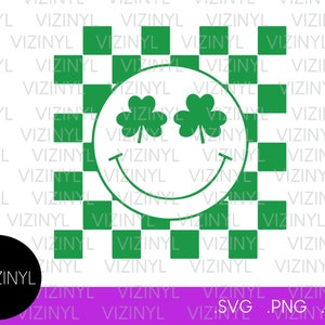 May include: A green and white checkered design with a smiley face wearing shamrock glasses. The image includes the text "VIZINYL" repeated across the background and file type indicators: SVG, PNG, and EPS.