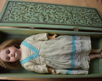 Antique German doll in hand-painted wooden gift box