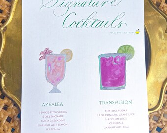May include: A printable cocktail menu with illustrations of two cocktails. The first cocktail is called "Azalea" and includes 1 1/4 oz Tito's Vodka, 5 oz Lemonade, 1/2 oz Grenadine, and is garnished with lemon and Azalea. The second cocktail is called "Transfusion" and includes 3 oz Tito's Vodka, 1.5 oz Concord Grape Juice, 1/4 oz Lime Juice, Gingerale, and is garnished with lime.
