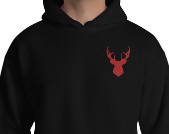 Red Stag Embroidered Hoodie: Unisex Cotton-Poly Blend Sweatshirt