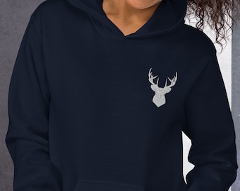 Embroidered White Stag Hoodie: Unisex Minimalist Winter Sweatshirt