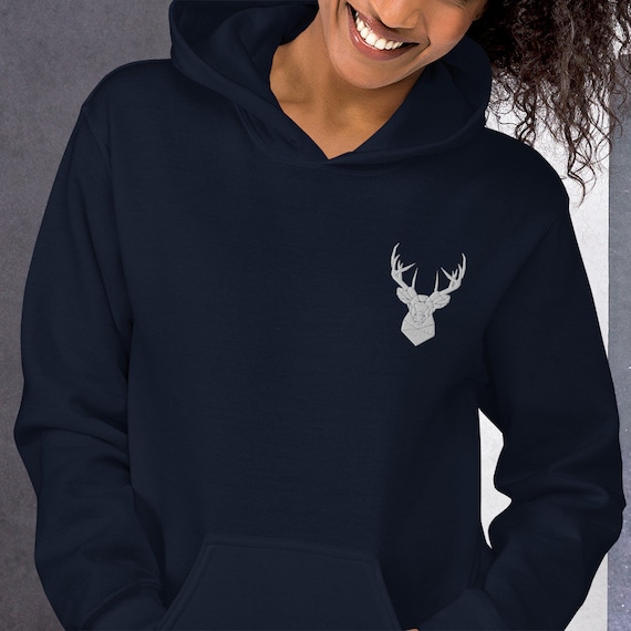 Embroidered White Stag Hoodie: Unisex Minimalist Winter Sweatshirt