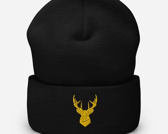 Embroidered Stag Head Beanie: Unisex Cuffed Winter Hat