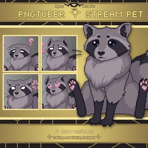 以下が含まれることがあります： PNGTuber Stream Petとしてデザインされた、黒いマーキングのある灰色のタヌキのデジタルアート。画像には、目のハートなど、6つの異なる表情のタヌキが表示されています。「6 expressions! Talking and Blinking Included.」と書かれています。