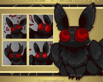 May include: A black and red pixel art creature with large red eyes and wings. The creature has six different expressions, including talking and blinking. The image is labeled "PNGTuber Stream Pet".