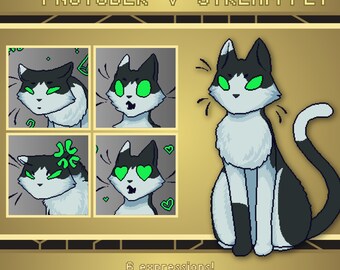Pixel Black and White Cat Pngtuber | Premade Stream Pet for Twitch, Youtube, Obs, Streamlabs, Live Streaming, Veadotube