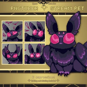 May include: A purple and pink pixelated creature with large eyes and wings. The creature has six different expressions, including happy, sad, angry, and surprised. The image includes the text "PNGTUBER STREAM PET 6 expressions! Talking and Blinking Included".