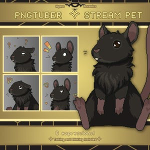 May include: A digital illustration of a black rat with various expressions, including question marks and hearts, labeled "PNGTUBER STREAM PET." The image includes the text "6 expressions! Talking and Blinking Included."
