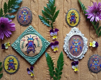 Beetle embroidery, Tiny beetle in frame or as a brooch