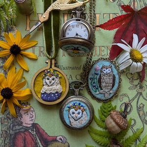 Hand Embroidered brooch, owl brooch, owl necklace, owl watch