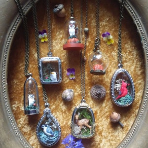 Tiny Terrarium Bird, Hedgehog and Deer Pendant Necklace, fairy garden necklace, bird necklace, bambi necklace