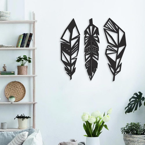 Feather Wall Art Set of 3 Feathers Wall Hanging Natural Etsy