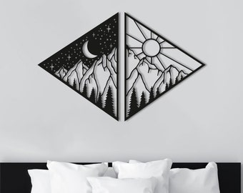 Sun and Moon Art, Mountain Wall Decor, Above Bed Decor, Wood Wall Art, Forest Wall Hanging, CNC Laser Cut Wall Art