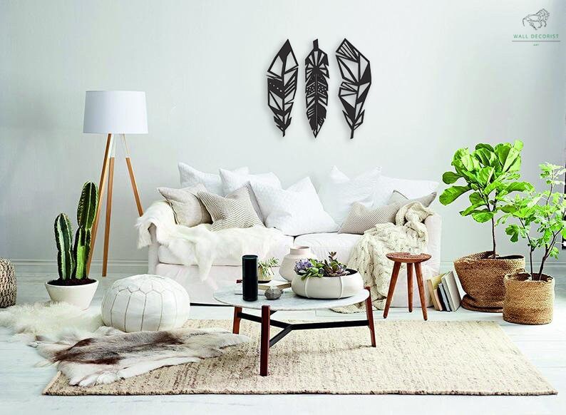 Feather Wall Art Set of 3 Feathers Wall Hanging Natural Etsy