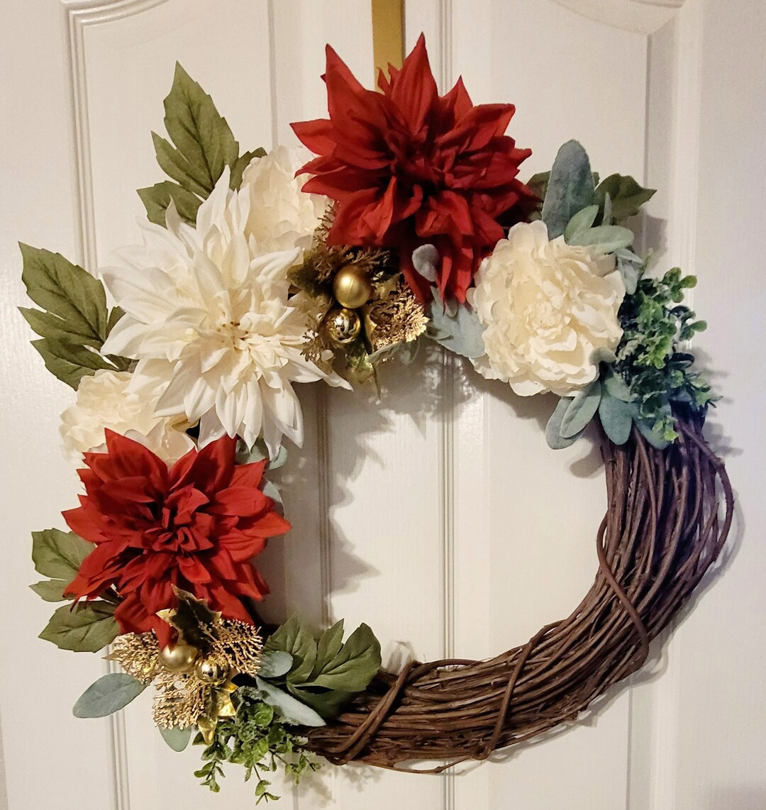 Christmas Red and White Poinsettias on Grapevine Wreath With Gold ...