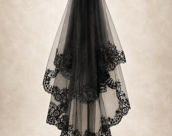 Velo de novia negro, velo de novia de encaje, velo gótico
