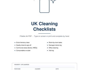 May include: A document titled UK Cleaning Checklists by Prolink Property Support. It features a line-art icon of a spray bottle, a list of cleaning tasks, and a fillable form section for property address, postcode, cleaner, and date.