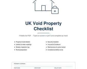 May include: A white document titled UK Void Property Checklist by Prolink Property Support. It features a house and padlock icon, a list of property management sections, and a form area for address, postcode, void start, and re-let dates.