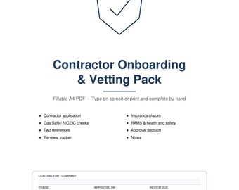 May include: A white document titled Contractor Onboarding & Vetting Pack by Prolink Property Support. It features a shield icon with a checkmark, a list of included forms like insurance checks and references, and a table for contractor details.