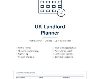 May include: A white digital document titled UK Landlord Planner by Prolink Property Support. It features a calendar icon with a checkmark, text detailing fillable A4 PDF features, and sections for portfolio, expenses, and maintenance logs.