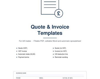 May include: A digital document template for Prolink Property Support featuring a document icon with a pound symbol, titled Quote & Invoice Templates. It includes fields for business name, phone, email, and VAT number for UK trades.