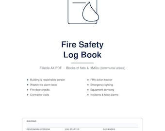 May include: A white document titled Fire Safety Log Book by Prolink Property Support. It features a document icon, a list of fire safety checks, and fields for building, responsible person, and log dates for UK residential lettings.