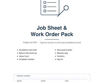 May include: A white document titled Prolink Property Support Job Sheet & Work Order Pack featuring a clipboard icon, text fields for property address, job number, client, and date, and a list of included sections for property maintenance.