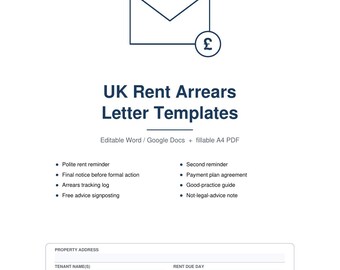 May include: A document titled UK Rent Arrears Letter Templates by Prolink Property Support. It features an envelope icon with a pound symbol, a list of document types, and fields for property address, tenant name, and rent due day.