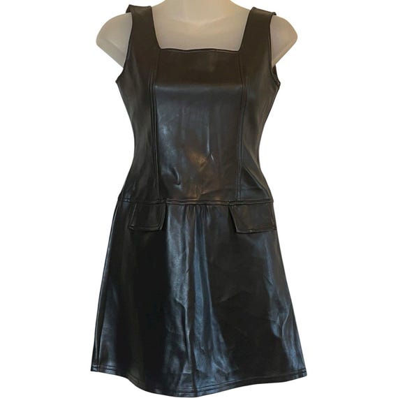 xoxo black dress Vintage Y2K Faux Leather Mini A Line Square Neck Mall Goth Size 3/4 made modern by an Style:evening Light Blue Blazer Coat Size:66 Long